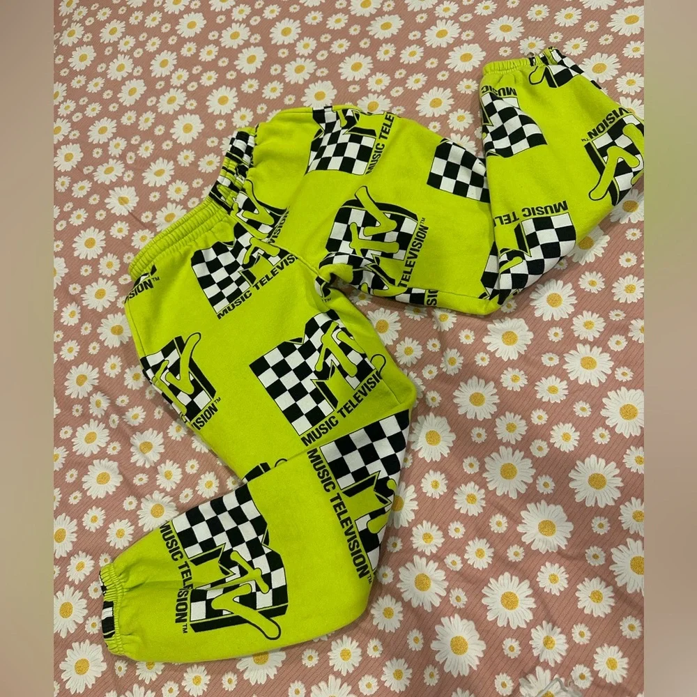 Dumbgood MTV Neon Green Checkered sweatpants - Picture 1 of 12